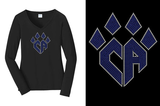 Rhinestones CA Cheer Athletics Women's Relaxed Fit Long Sleeve V-Neck